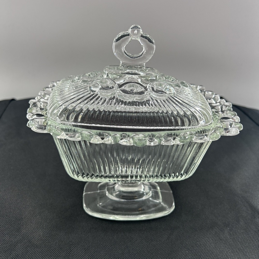 Indiana Glass Clear Lace Edged Footed Candy Dish with Lid